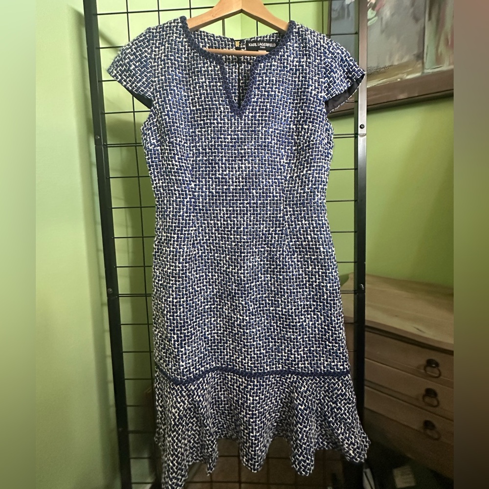 Karl Lagerfeld Blue and White Tweed Midi Dress